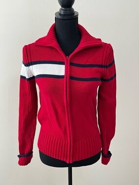 Tommy Hilfiger Red Zip-Up Sweater with White & Navy Stripes